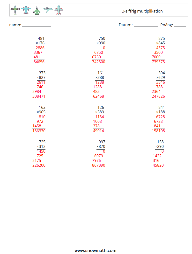 (12) 3-siffrig multiplikation Matematiska arbetsblad 6 Fråga, svar