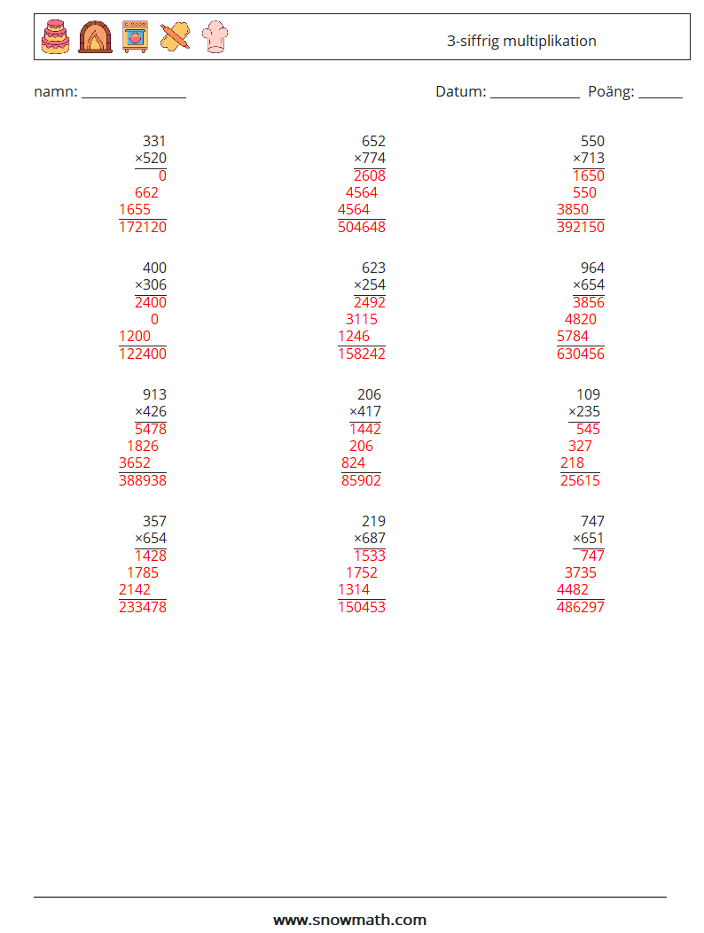 (12) 3-siffrig multiplikation Matematiska arbetsblad 7 Fråga, svar