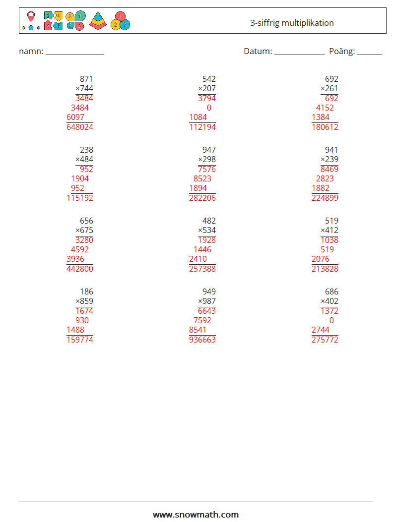 (12) 3-siffrig multiplikation Matematiska arbetsblad 8 Fråga, svar