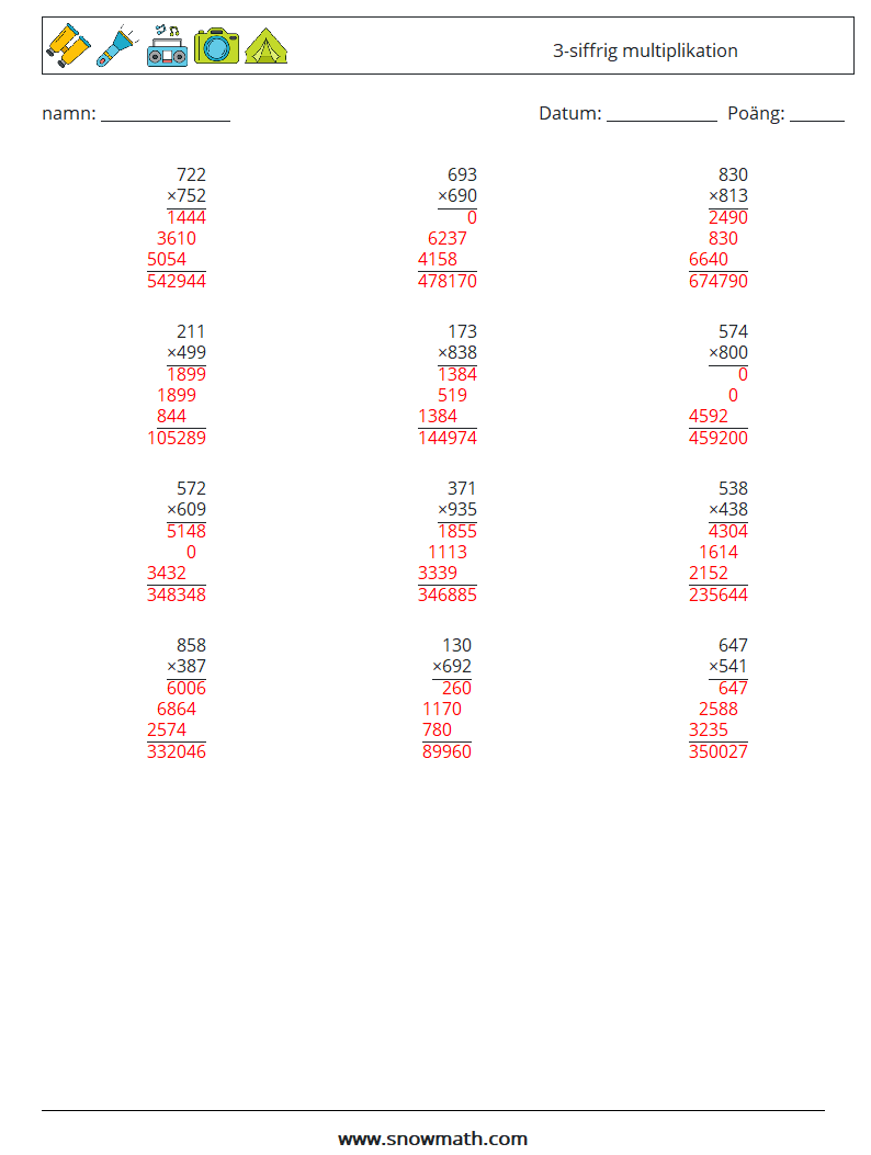 (12) 3-siffrig multiplikation Matematiska arbetsblad 9 Fråga, svar