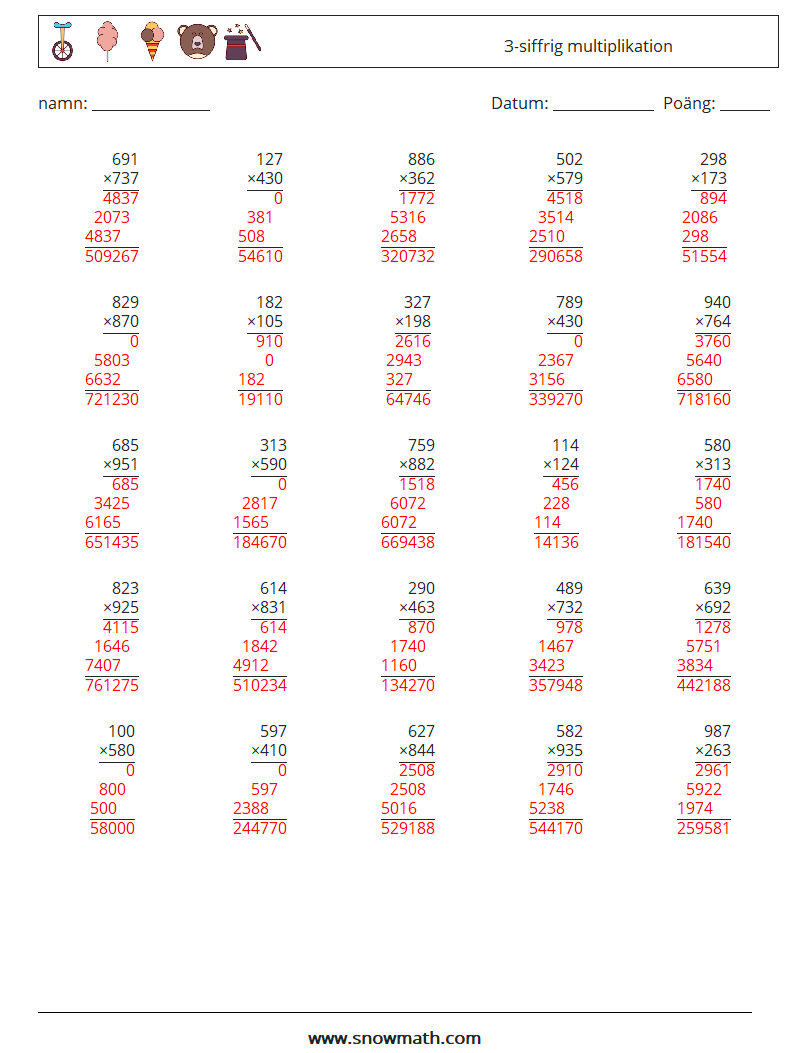 (25) 3-siffrig multiplikation Matematiska arbetsblad 10 Fråga, svar