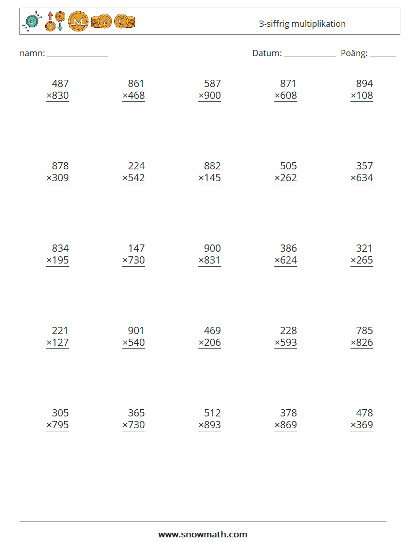 (25) 3-siffrig multiplikation Matematiska arbetsblad 12