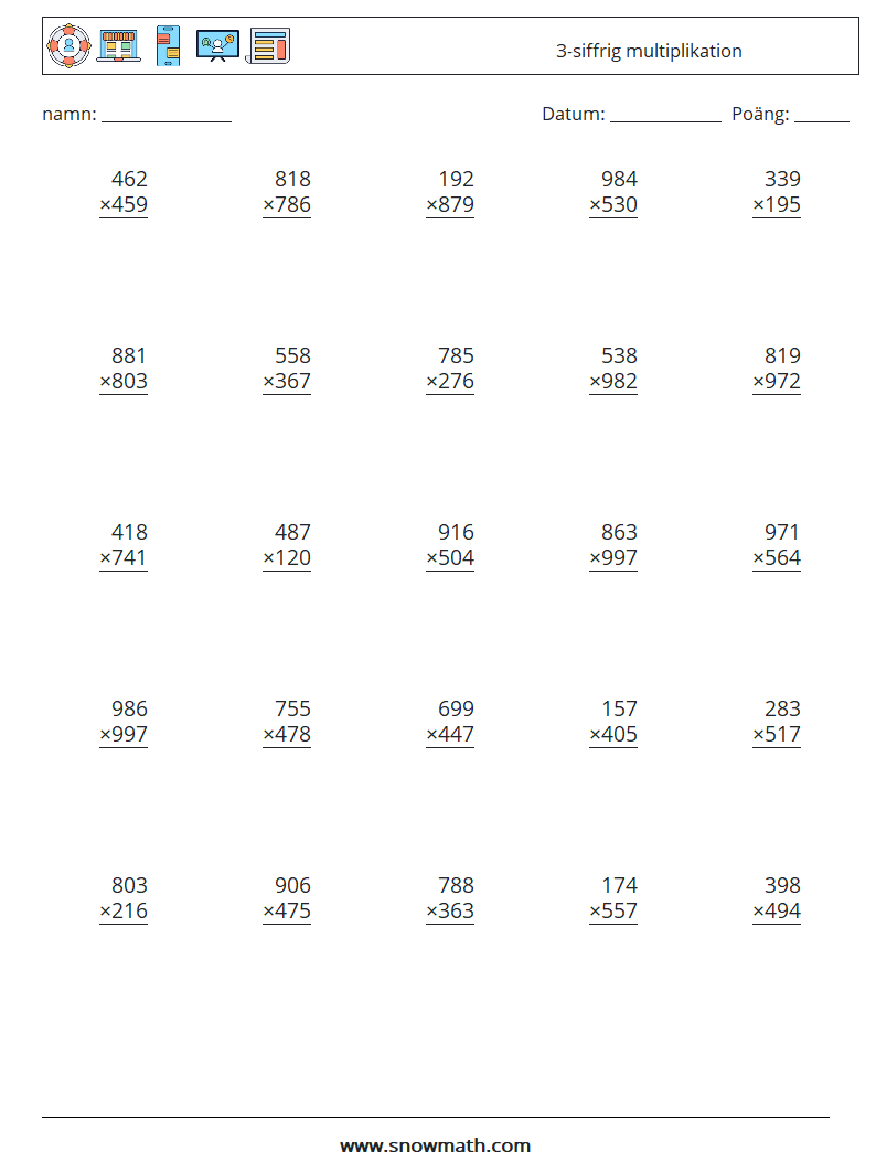 (25) 3-siffrig multiplikation Matematiska arbetsblad 13