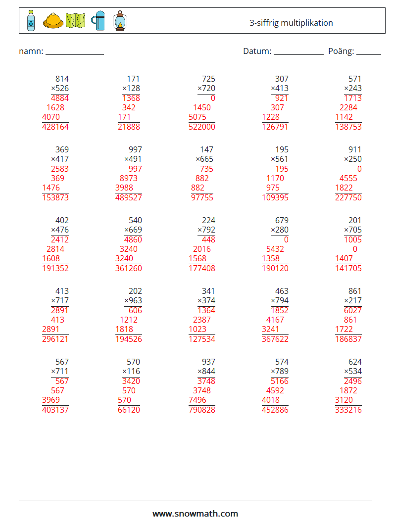 (25) 3-siffrig multiplikation Matematiska arbetsblad 14 Fråga, svar