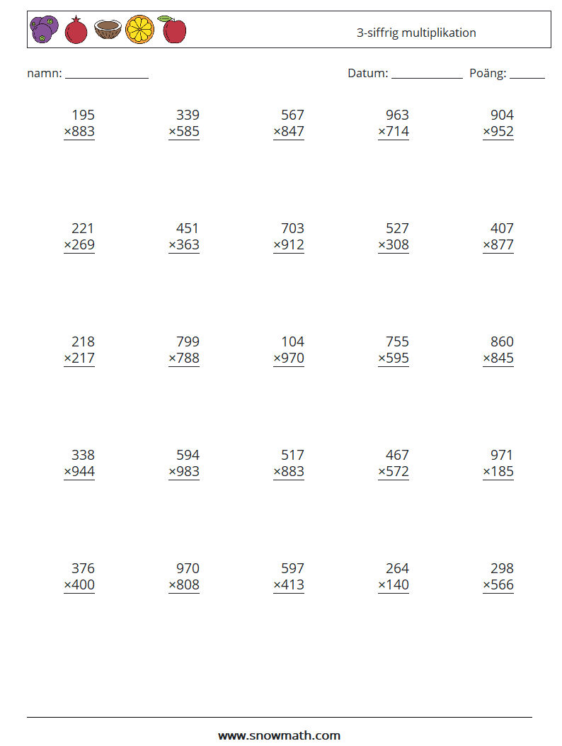 (25) 3-siffrig multiplikation Matematiska arbetsblad 15