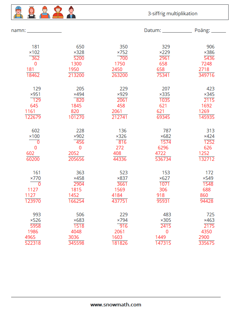 (25) 3-siffrig multiplikation Matematiska arbetsblad 16 Fråga, svar