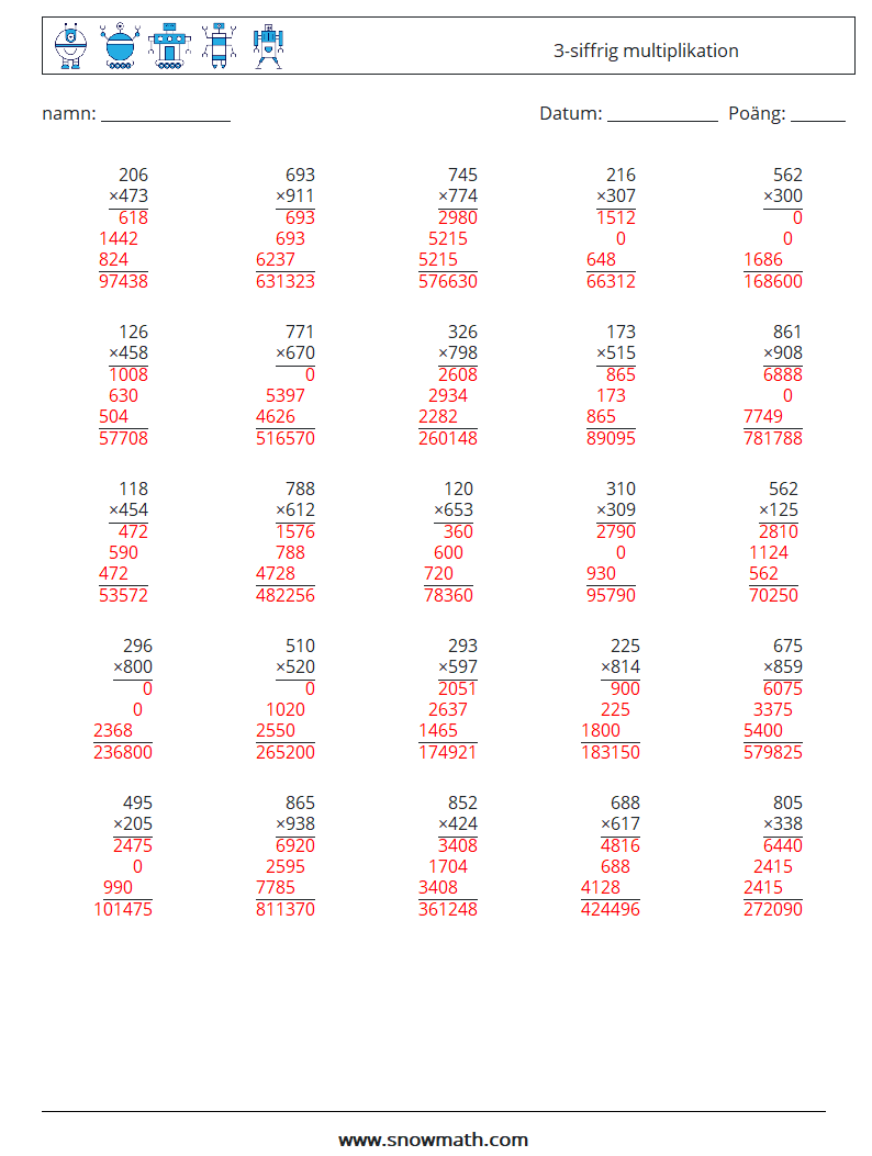 (25) 3-siffrig multiplikation Matematiska arbetsblad 17 Fråga, svar