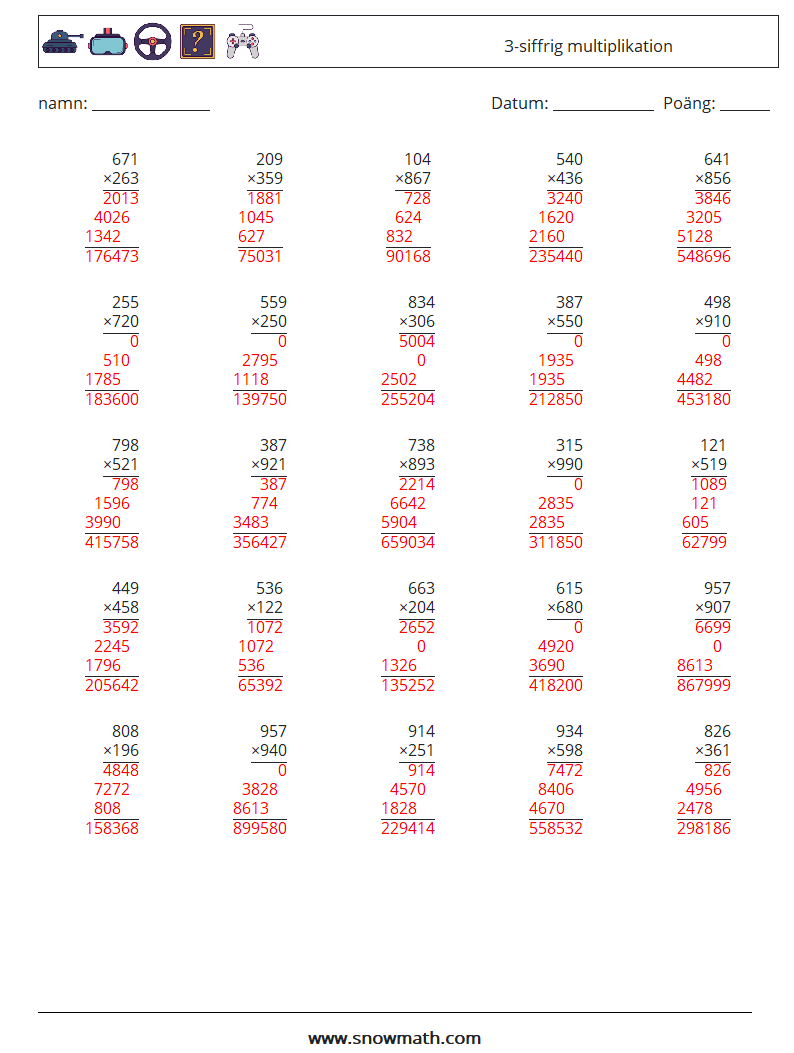 (25) 3-siffrig multiplikation Matematiska arbetsblad 18 Fråga, svar