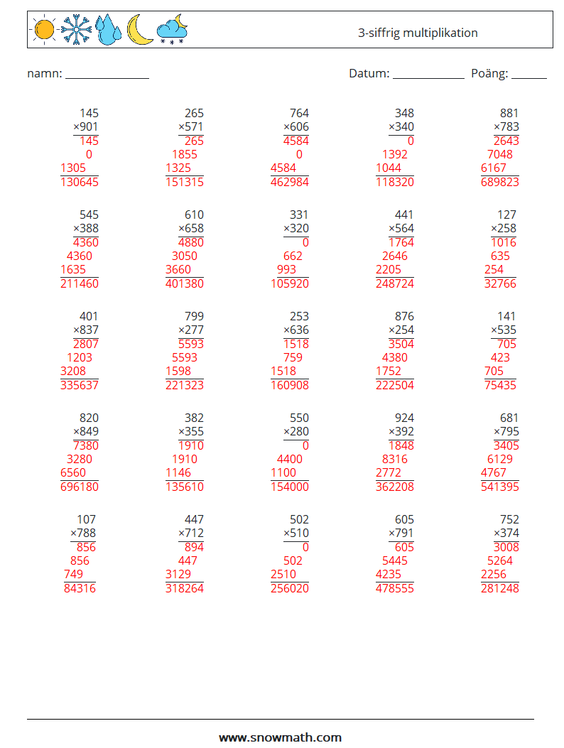 (25) 3-siffrig multiplikation Matematiska arbetsblad 1 Fråga, svar