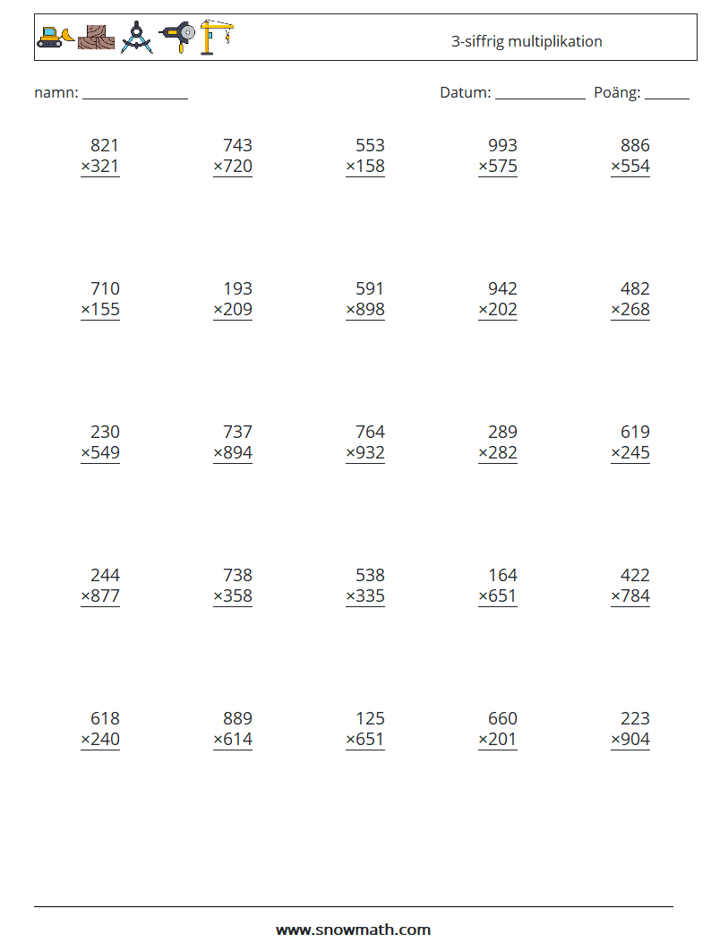 (25) 3-siffrig multiplikation Matematiska arbetsblad 2