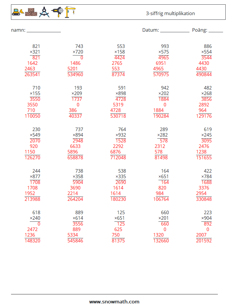 (25) 3-siffrig multiplikation Matematiska arbetsblad 2 Fråga, svar