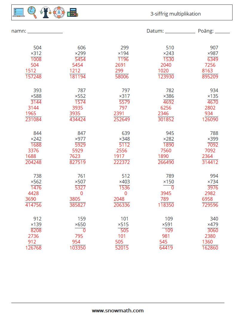 (25) 3-siffrig multiplikation Matematiska arbetsblad 3 Fråga, svar