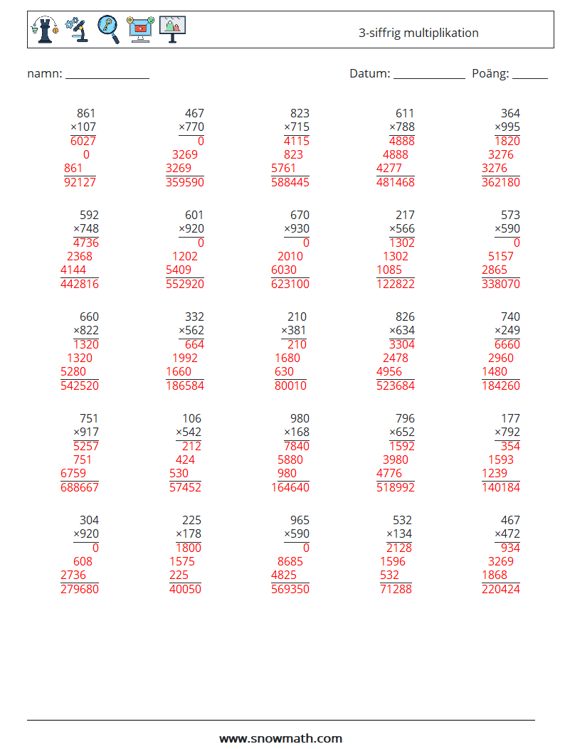 (25) 3-siffrig multiplikation Matematiska arbetsblad 5 Fråga, svar