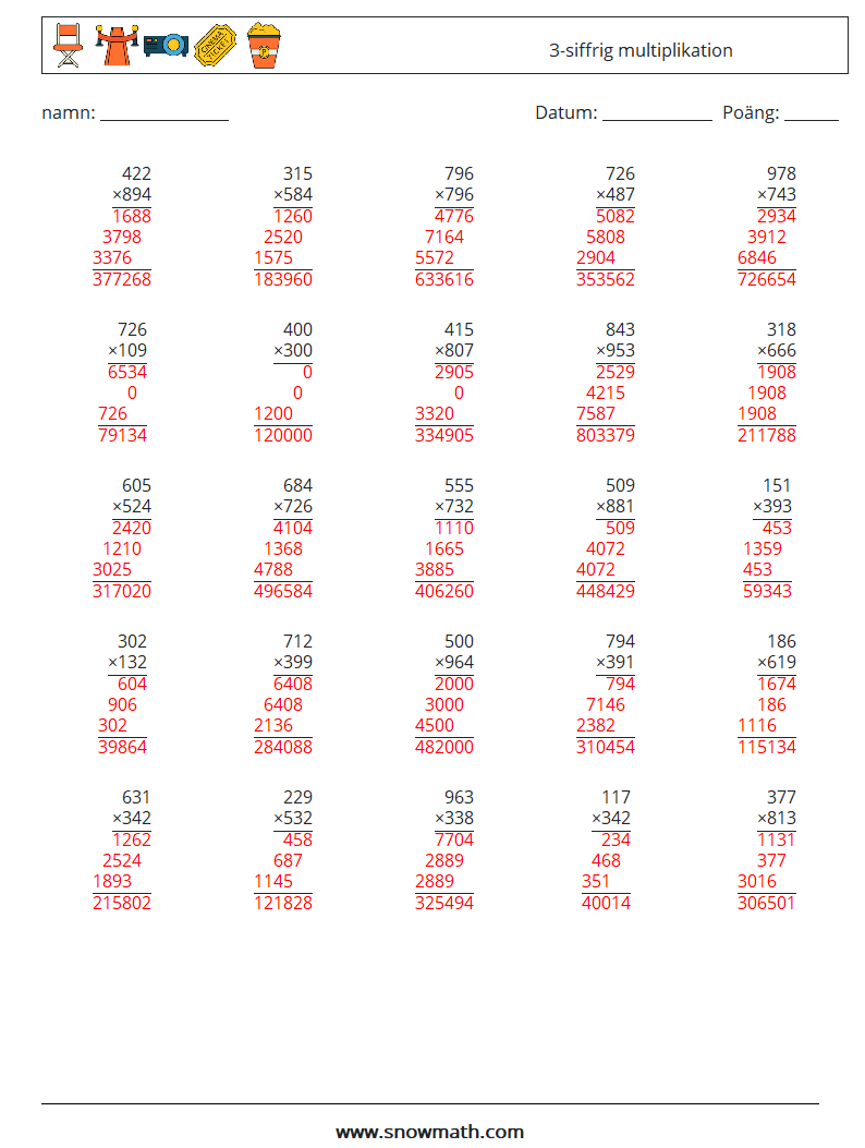 (25) 3-siffrig multiplikation Matematiska arbetsblad 6 Fråga, svar