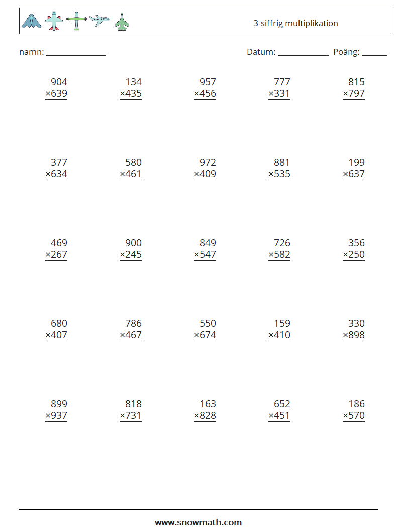 (25) 3-siffrig multiplikation Matematiska arbetsblad 7