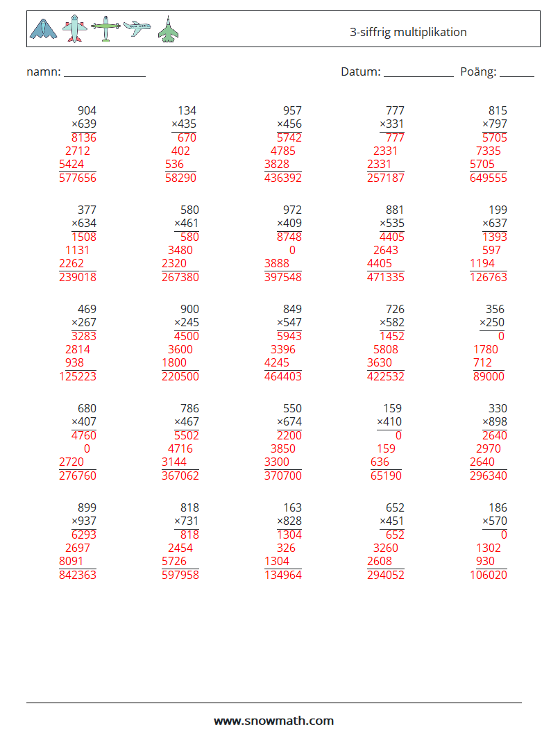 (25) 3-siffrig multiplikation Matematiska arbetsblad 7 Fråga, svar