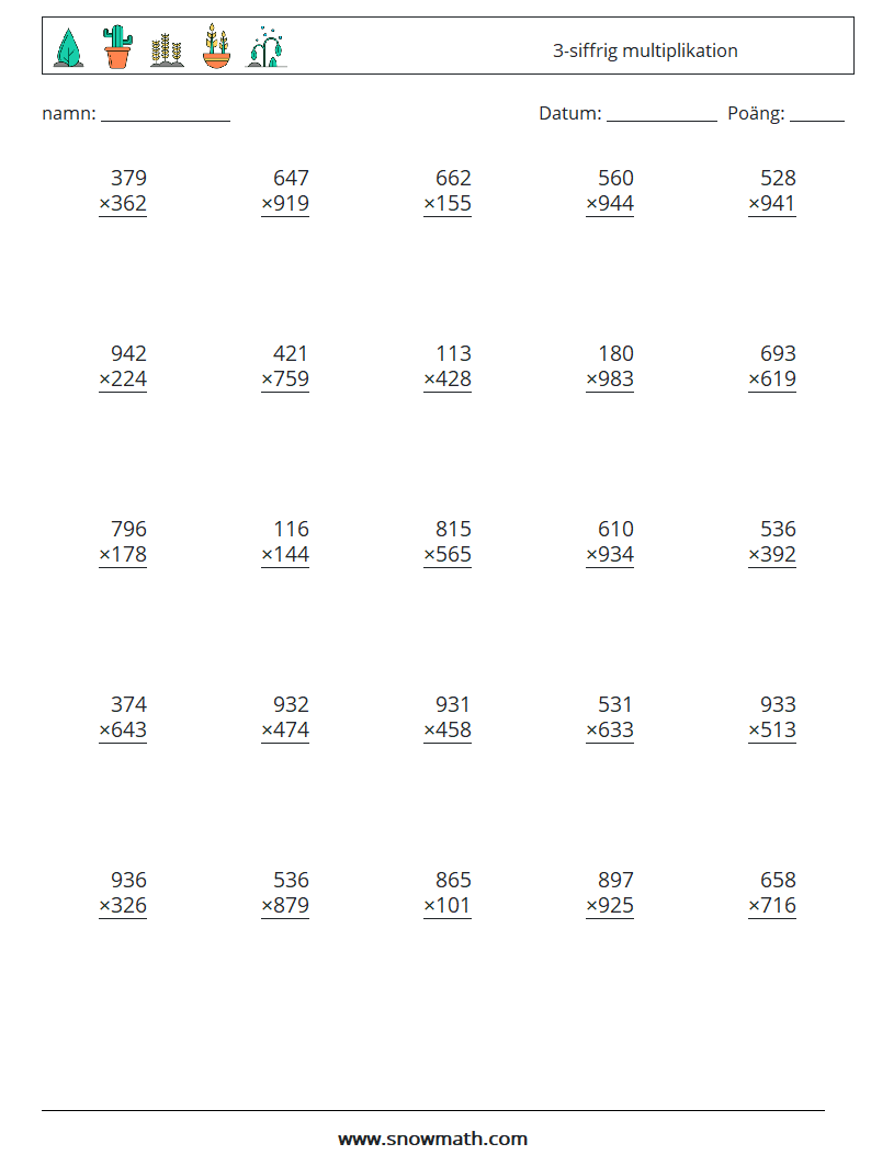 (25) 3-siffrig multiplikation Matematiska arbetsblad 8