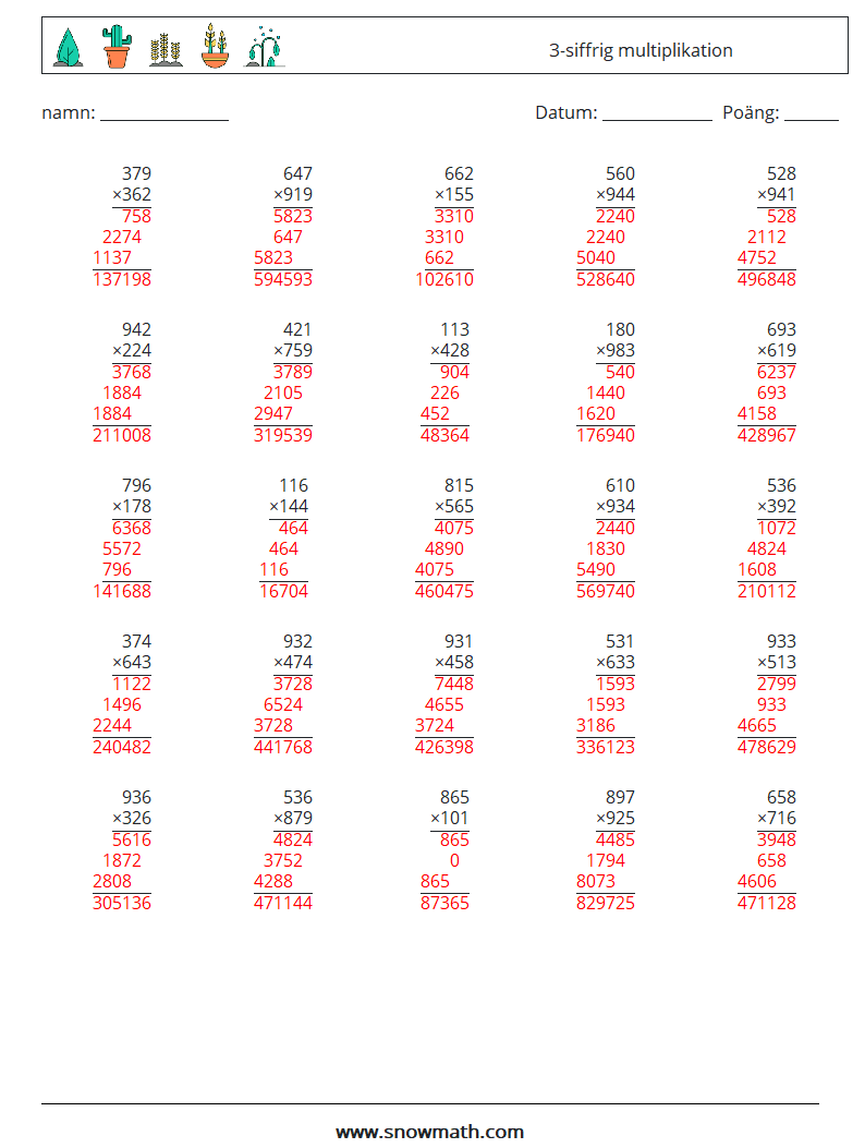 (25) 3-siffrig multiplikation Matematiska arbetsblad 8 Fråga, svar