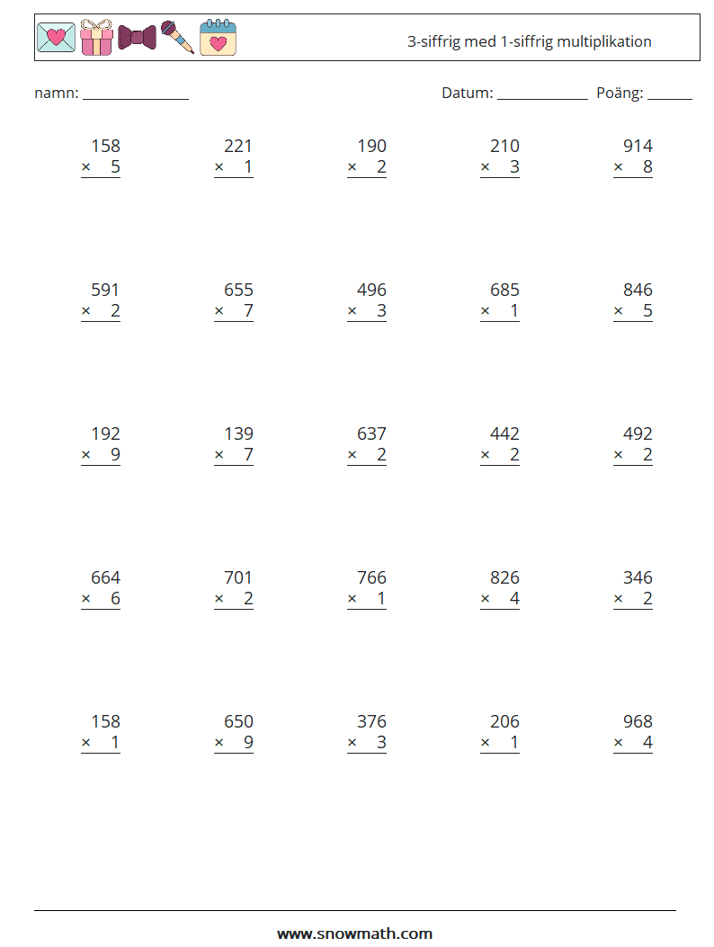 (25) 3-siffrig med 1-siffrig multiplikation Matematiska arbetsblad 10