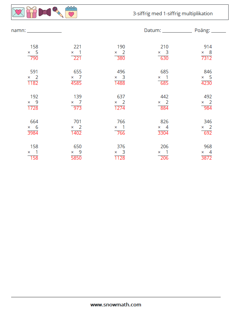 (25) 3-siffrig med 1-siffrig multiplikation Matematiska arbetsblad 10 Fråga, svar