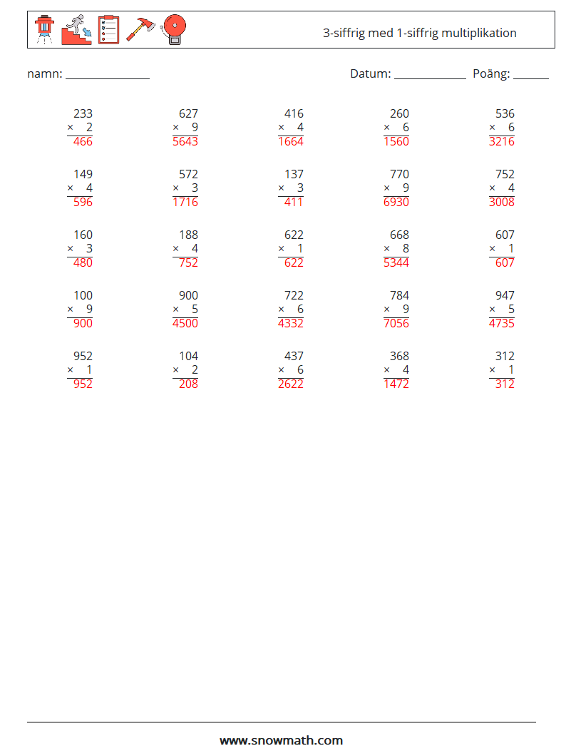 (25) 3-siffrig med 1-siffrig multiplikation Matematiska arbetsblad 11 Fråga, svar