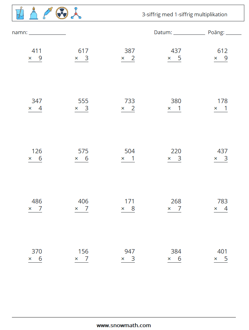 (25) 3-siffrig med 1-siffrig multiplikation Matematiska arbetsblad 12
