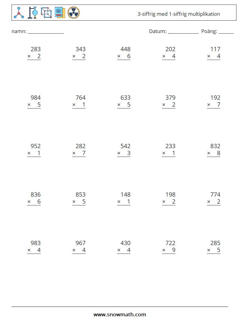 (25) 3-siffrig med 1-siffrig multiplikation Matematiska arbetsblad 13