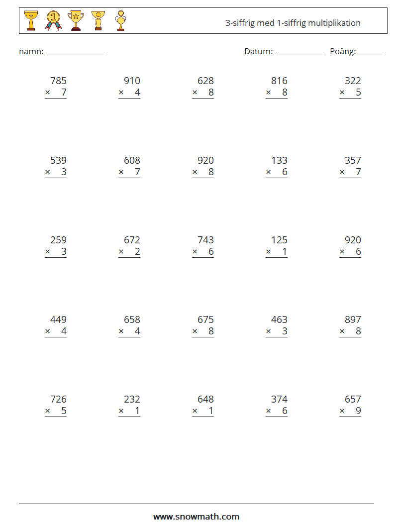 (25) 3-siffrig med 1-siffrig multiplikation Matematiska arbetsblad 15