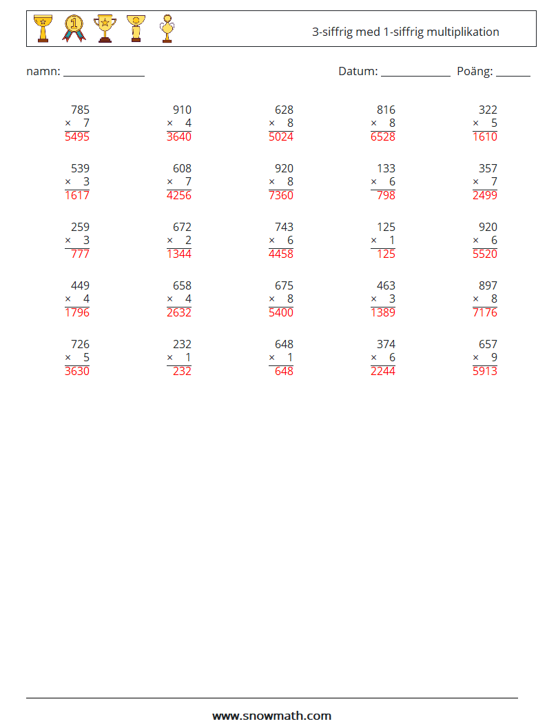 (25) 3-siffrig med 1-siffrig multiplikation Matematiska arbetsblad 15 Fråga, svar