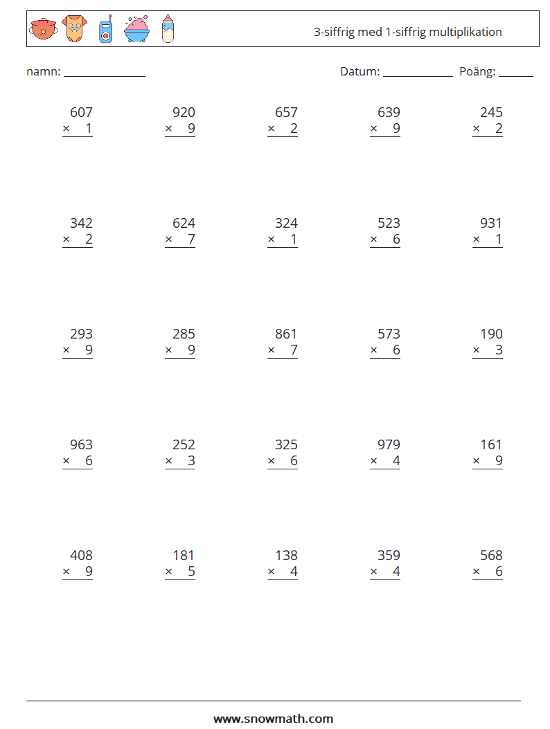 (25) 3-siffrig med 1-siffrig multiplikation Matematiska arbetsblad 16