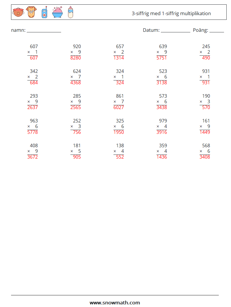 (25) 3-siffrig med 1-siffrig multiplikation Matematiska arbetsblad 16 Fråga, svar