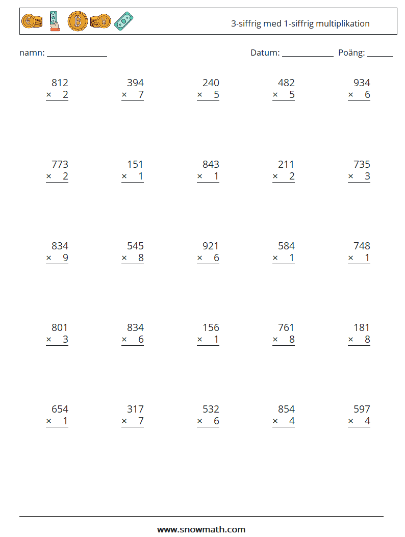 (25) 3-siffrig med 1-siffrig multiplikation Matematiska arbetsblad 17