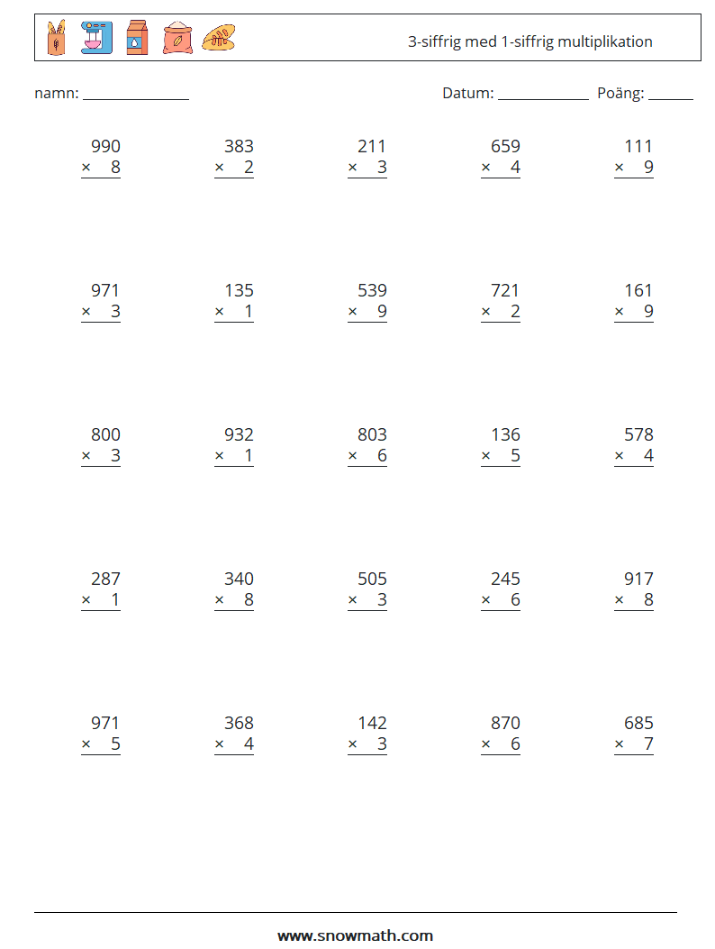 (25) 3-siffrig med 1-siffrig multiplikation Matematiska arbetsblad 18