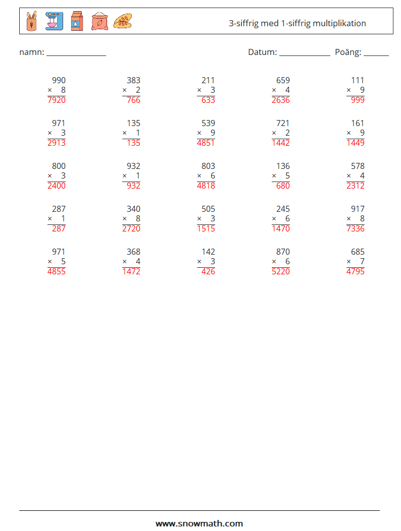 (25) 3-siffrig med 1-siffrig multiplikation Matematiska arbetsblad 18 Fråga, svar