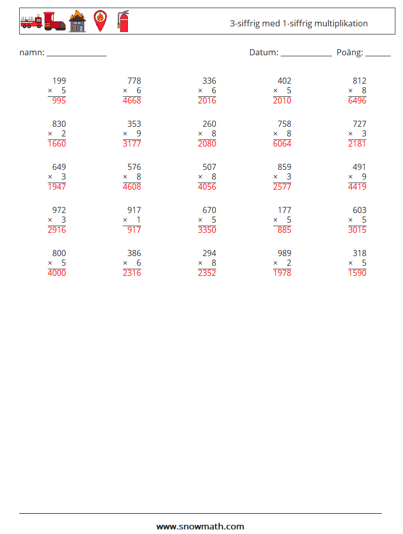 (25) 3-siffrig med 1-siffrig multiplikation Matematiska arbetsblad 1 Fråga, svar