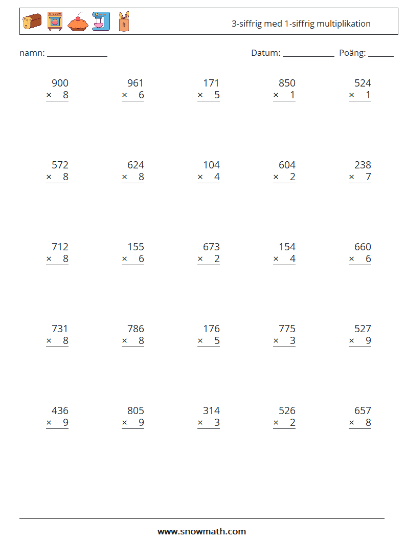 (25) 3-siffrig med 1-siffrig multiplikation Matematiska arbetsblad 3