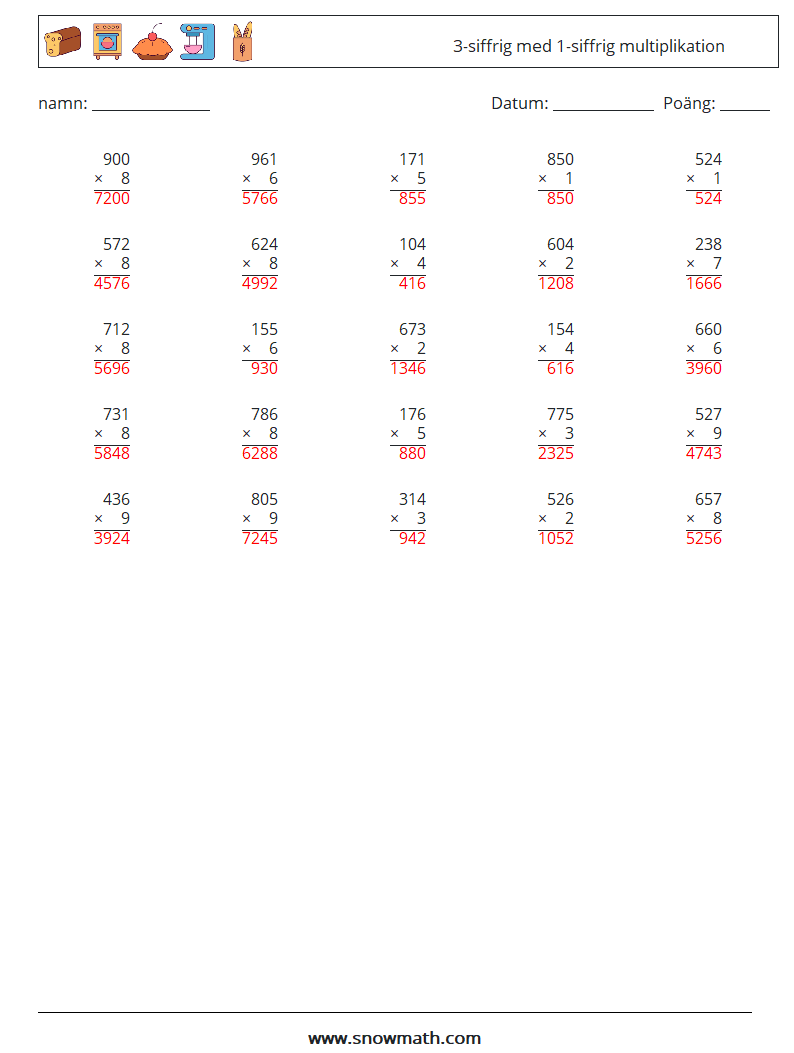 (25) 3-siffrig med 1-siffrig multiplikation Matematiska arbetsblad 3 Fråga, svar