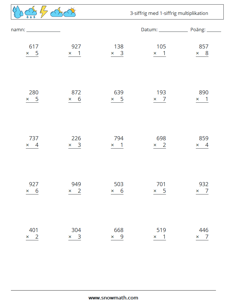 (25) 3-siffrig med 1-siffrig multiplikation Matematiska arbetsblad 4