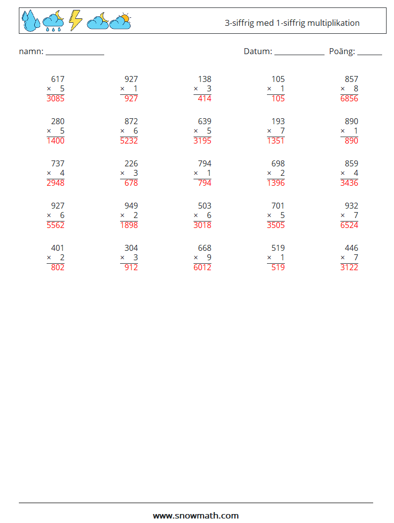 (25) 3-siffrig med 1-siffrig multiplikation Matematiska arbetsblad 4 Fråga, svar