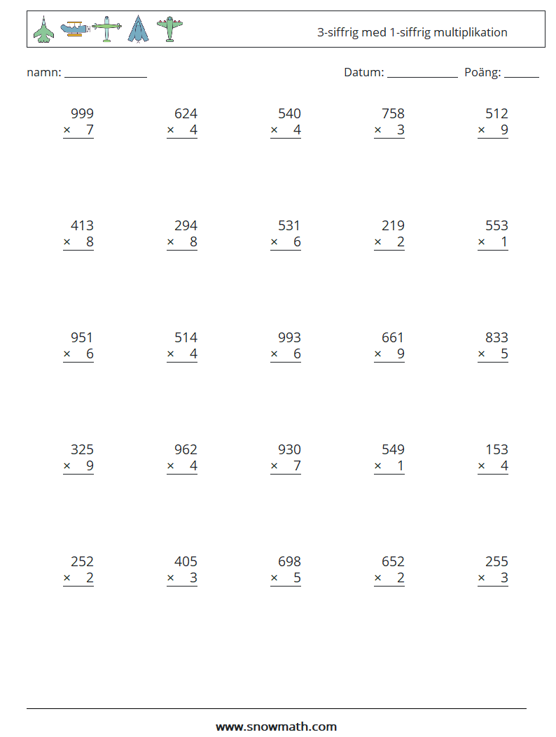 (25) 3-siffrig med 1-siffrig multiplikation Matematiska arbetsblad 5