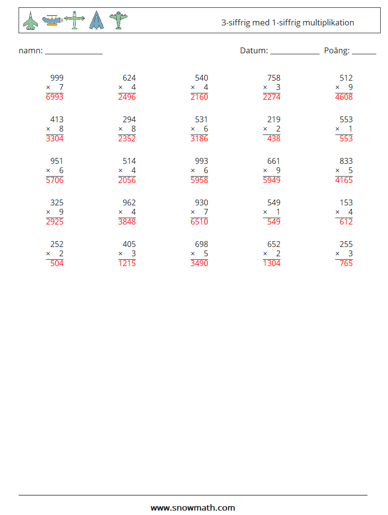 (25) 3-siffrig med 1-siffrig multiplikation Matematiska arbetsblad 5 Fråga, svar