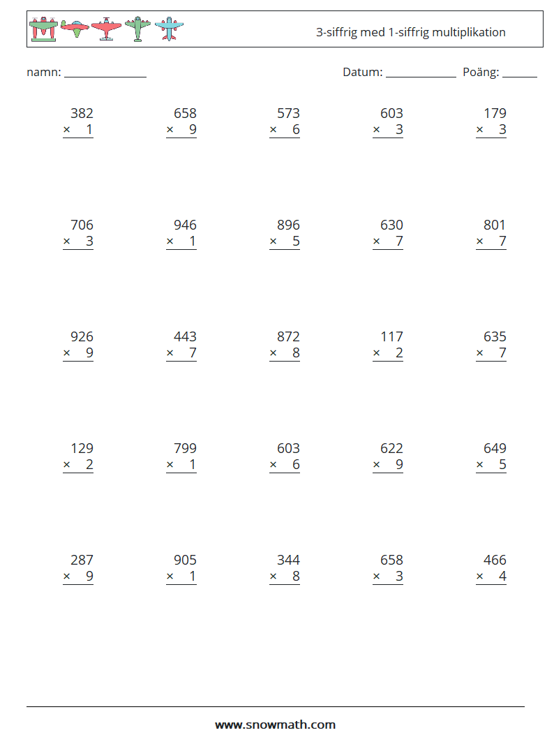 (25) 3-siffrig med 1-siffrig multiplikation Matematiska arbetsblad 6