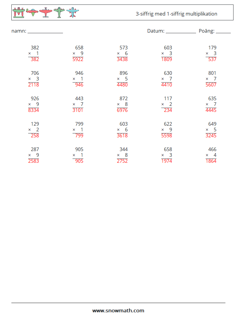 (25) 3-siffrig med 1-siffrig multiplikation Matematiska arbetsblad 6 Fråga, svar