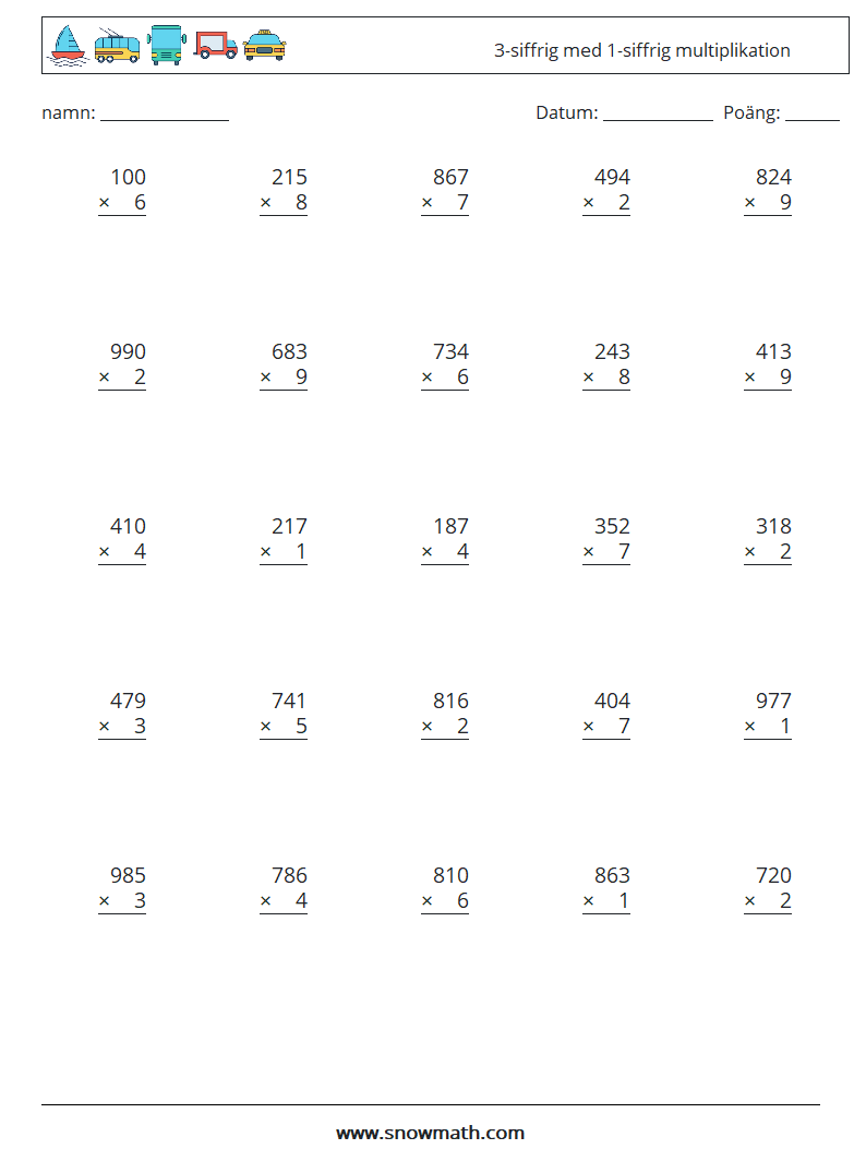 (25) 3-siffrig med 1-siffrig multiplikation Matematiska arbetsblad 7