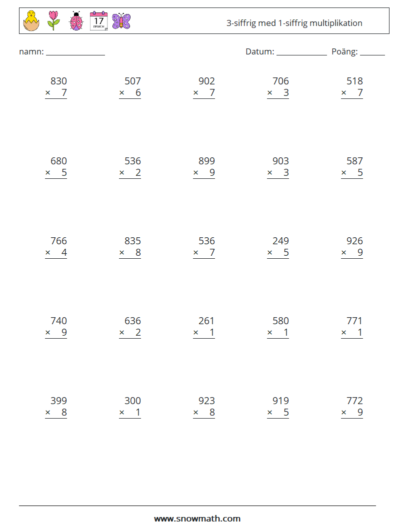 (25) 3-siffrig med 1-siffrig multiplikation Matematiska arbetsblad 8