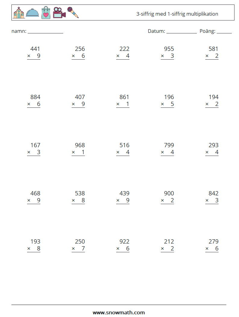 (25) 3-siffrig med 1-siffrig multiplikation Matematiska arbetsblad 9