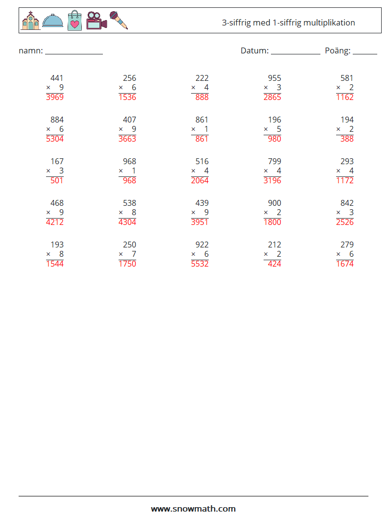 (25) 3-siffrig med 1-siffrig multiplikation Matematiska arbetsblad 9 Fråga, svar