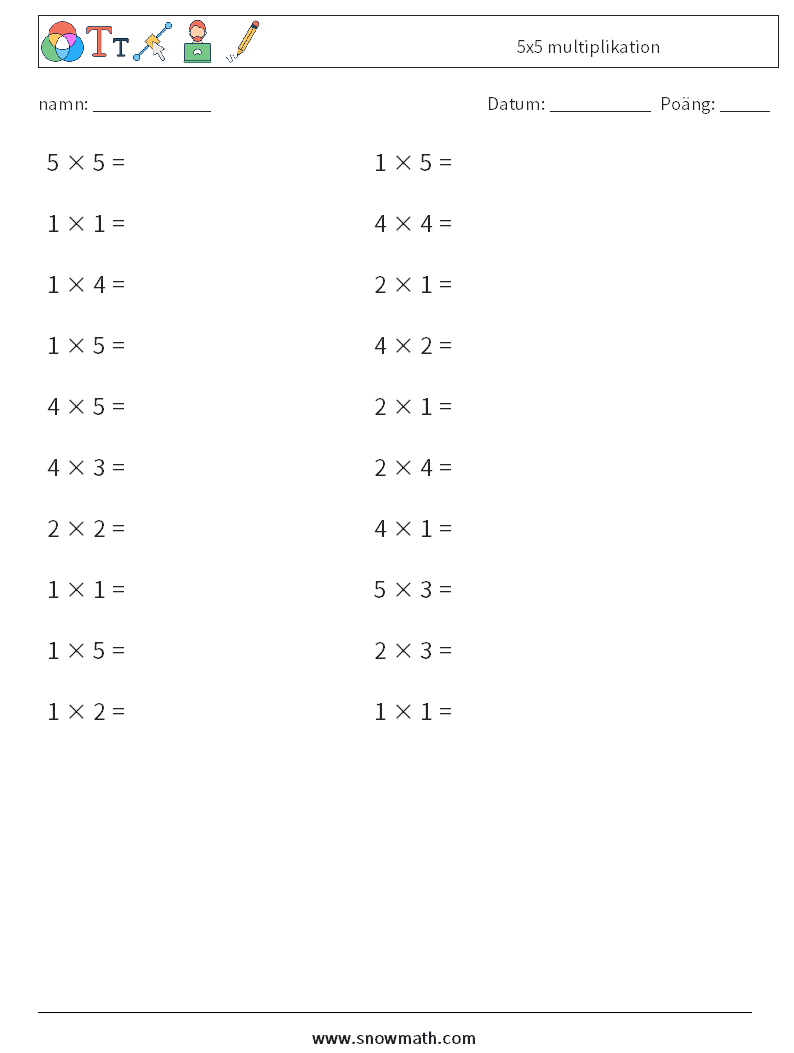 (20) 5x5 multiplikation Matematiska arbetsblad 1