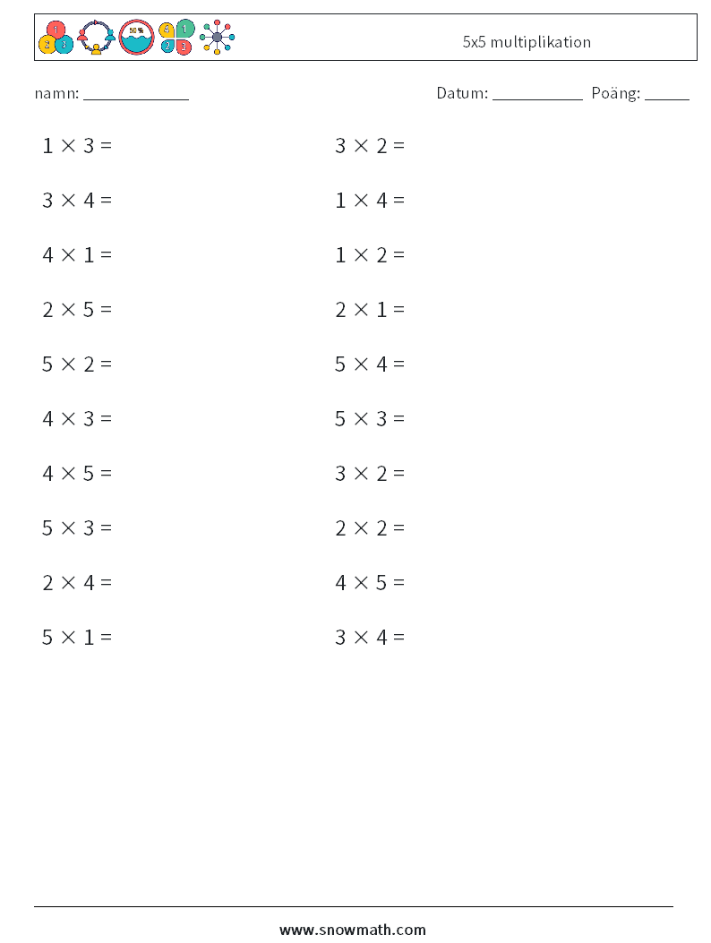 (20) 5x5 multiplikation Matematiska arbetsblad 6