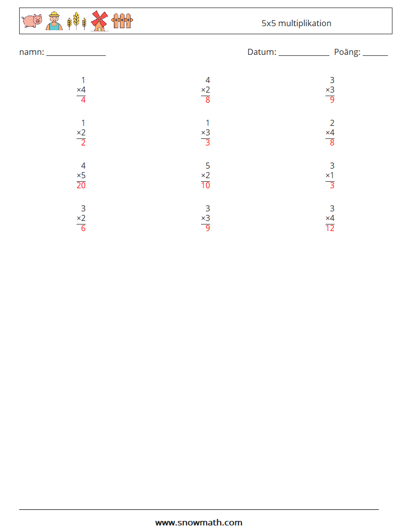 (12) 5x5 multiplikation Matematiska arbetsblad 1 Fråga, svar